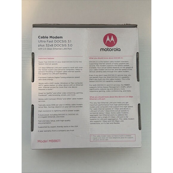 Motorola MB8611 DOCSIS 3.1 Cable Modem W/ Power Supply - Picture 3 of 4